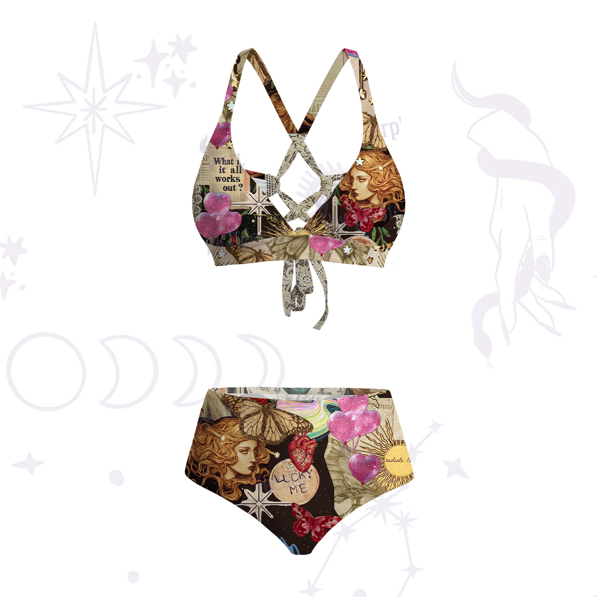 Purplehecate Lucky Me Sacred Heart Eye Crisscross Tie-Back Bikini Set
