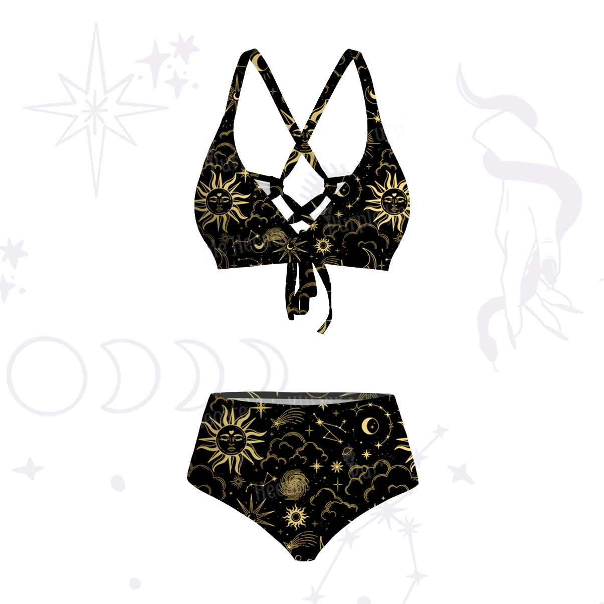 Purplehecate Mysterious Star & Moon Crisscross Tie-Back Bikini Set