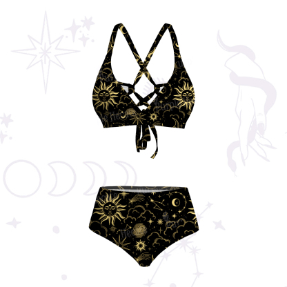 Purplehecate Mysterious Star & Moon Crisscross Tie-Back Bikini Set