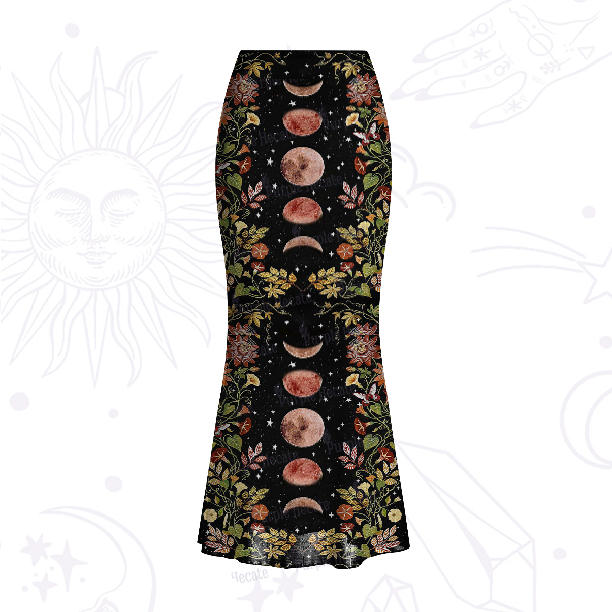 Purplehecate Moon Phase Floral Mesh Mermaid Hem Skirt