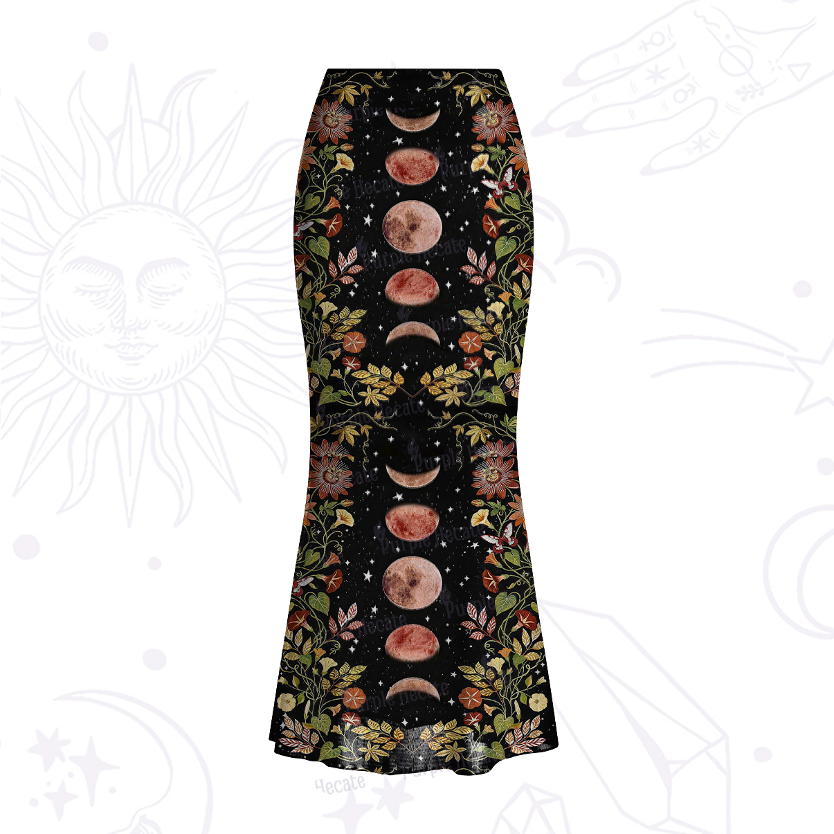 Purplehecate Moon Phase Floral Mesh Mermaid Hem Skirt