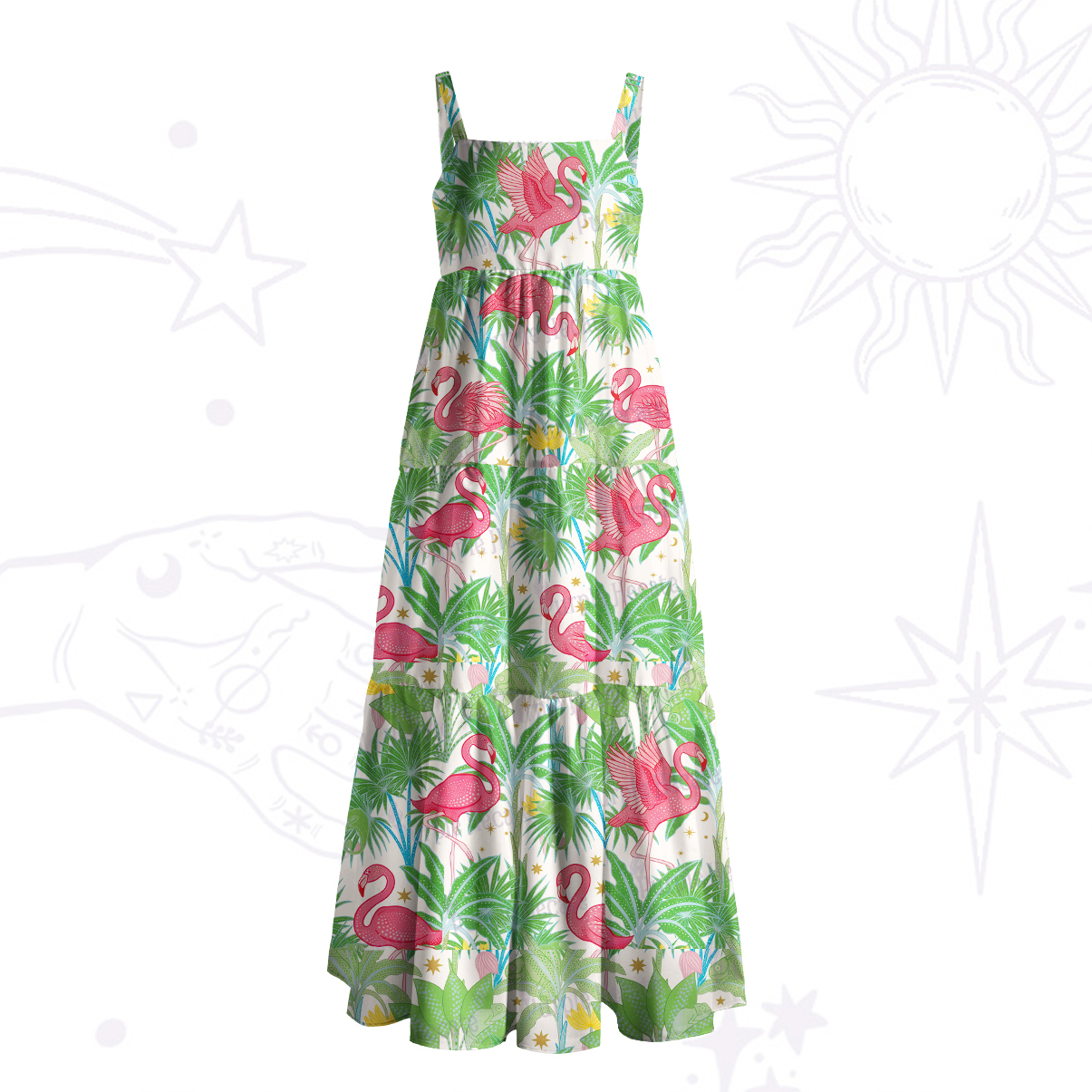 Purplehecate Flamingo Jungle Paradise Wide Straps Maxi Dress