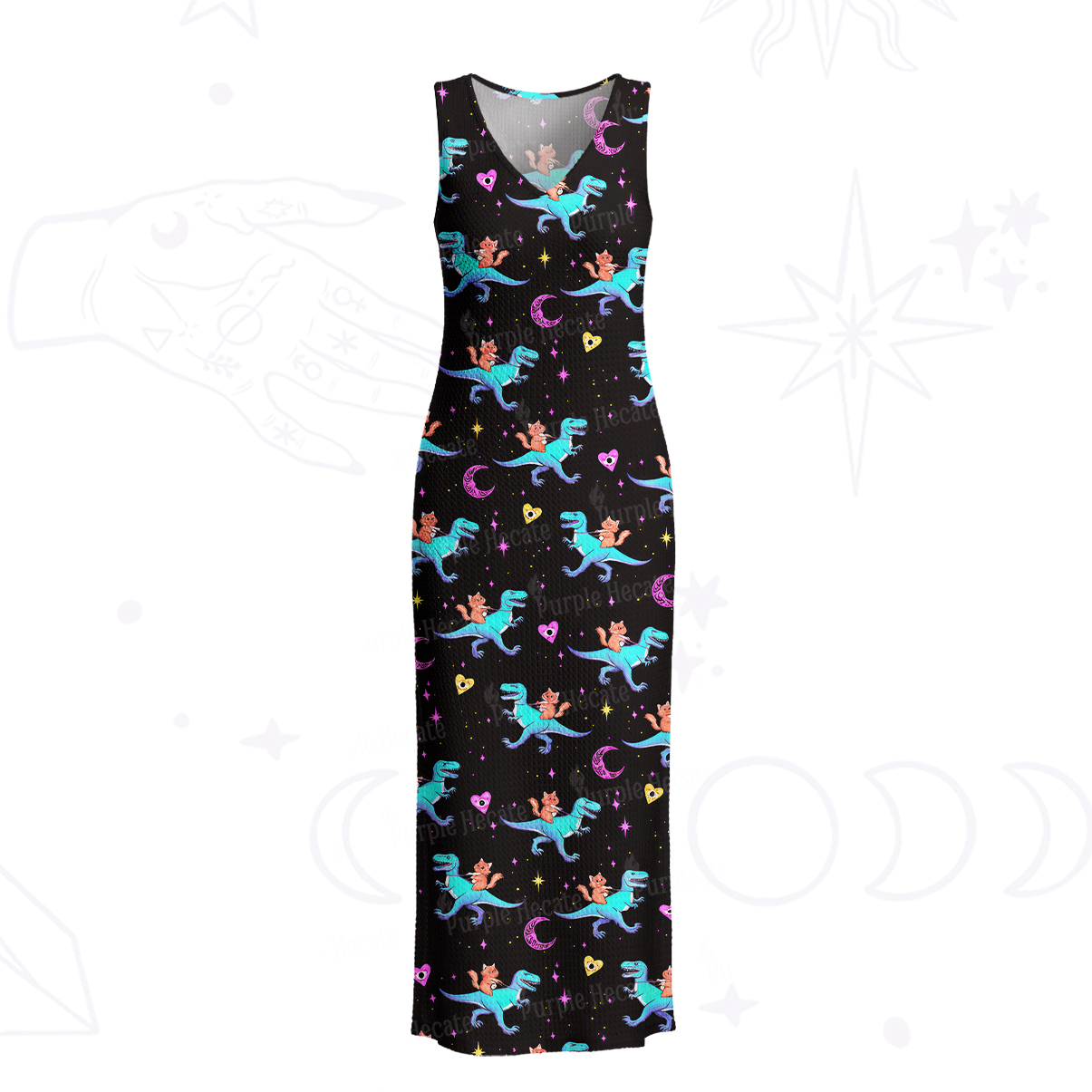 Purplehecate Witch Cat Rides the Dino Crochet Knit Maxi Dress
