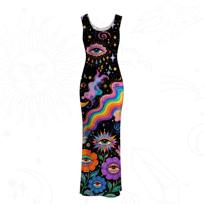 Purplehecate Groovy Hippie Flower Eyes Mesh Maxi Tank Beach Dress