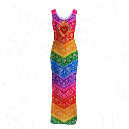 Purplehecate Rainbow Striped Sacred Heart Mesh Maxi Tank Beach Dress