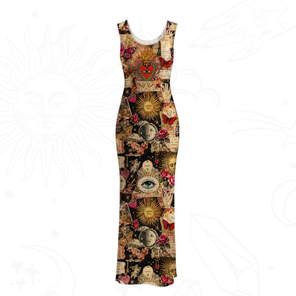 Purplehecate Vintage Celestial Witch Moon Collage Mesh Maxi Tank Beach Dress