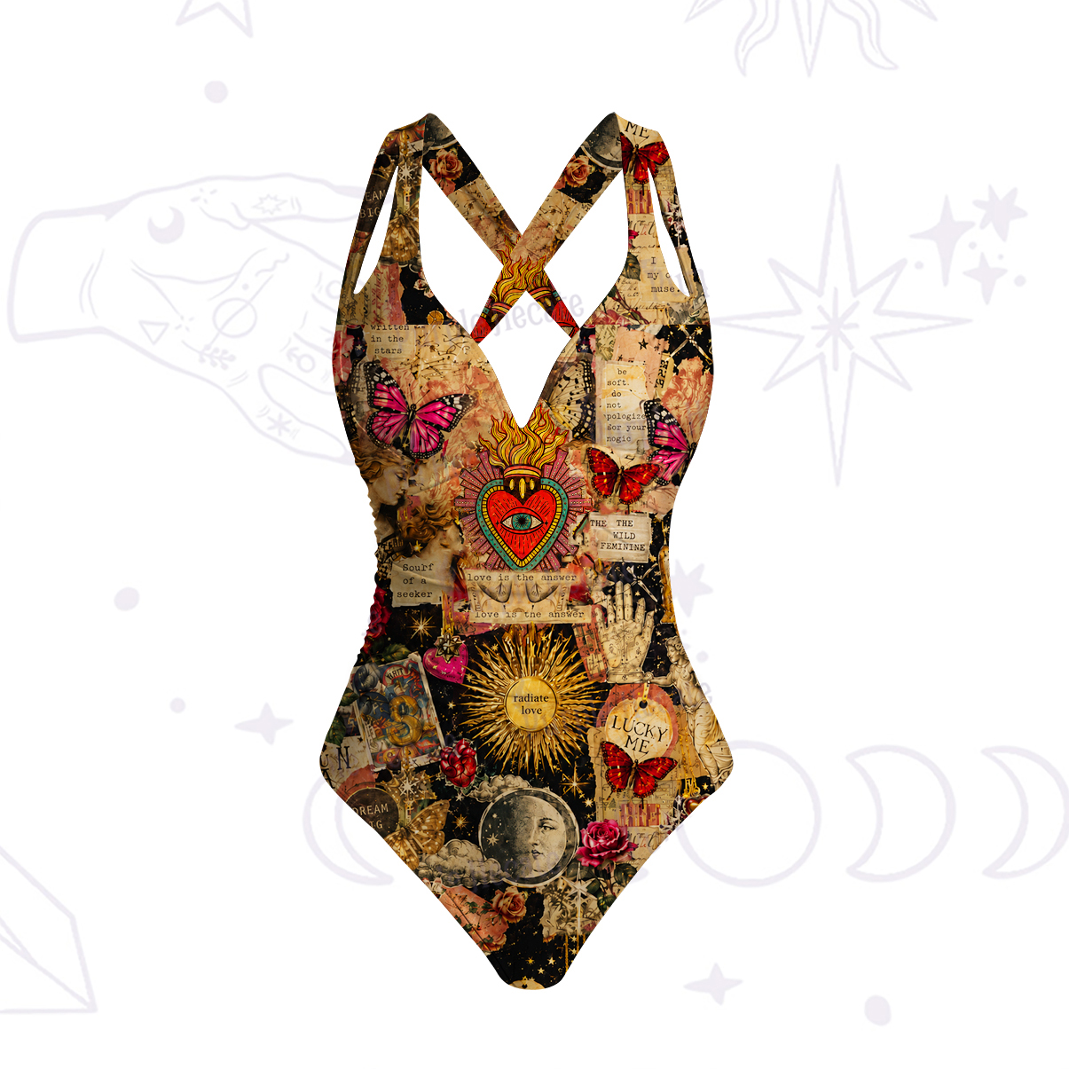 Purplehecate Vintage Celestial Witch Moon Collage One-Piece Swimsuit