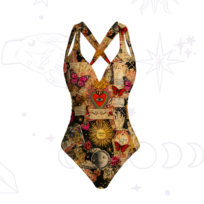 Purplehecate Vintage Celestial Witch Moon Collage One-Piece Swimsuit