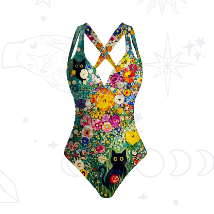 Purplehecate Fluffy Black Cat in Colorful Flower Field One-Piece Swimsuit