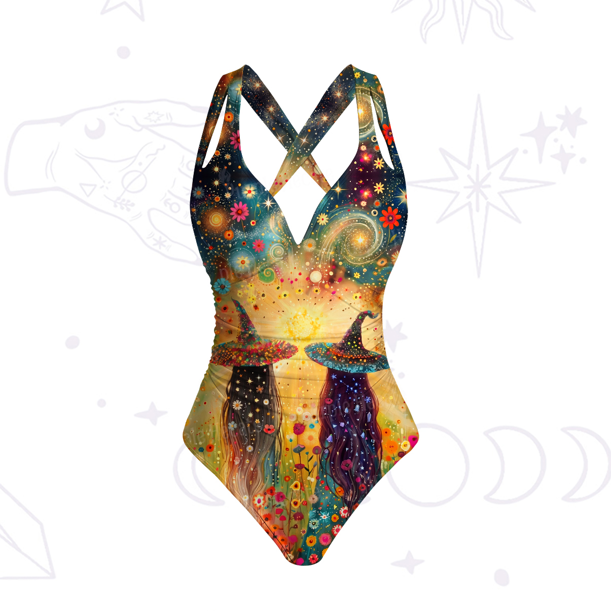 Purplehecate Starlit Flower Field Twin Witches One-Piece Swimsuit