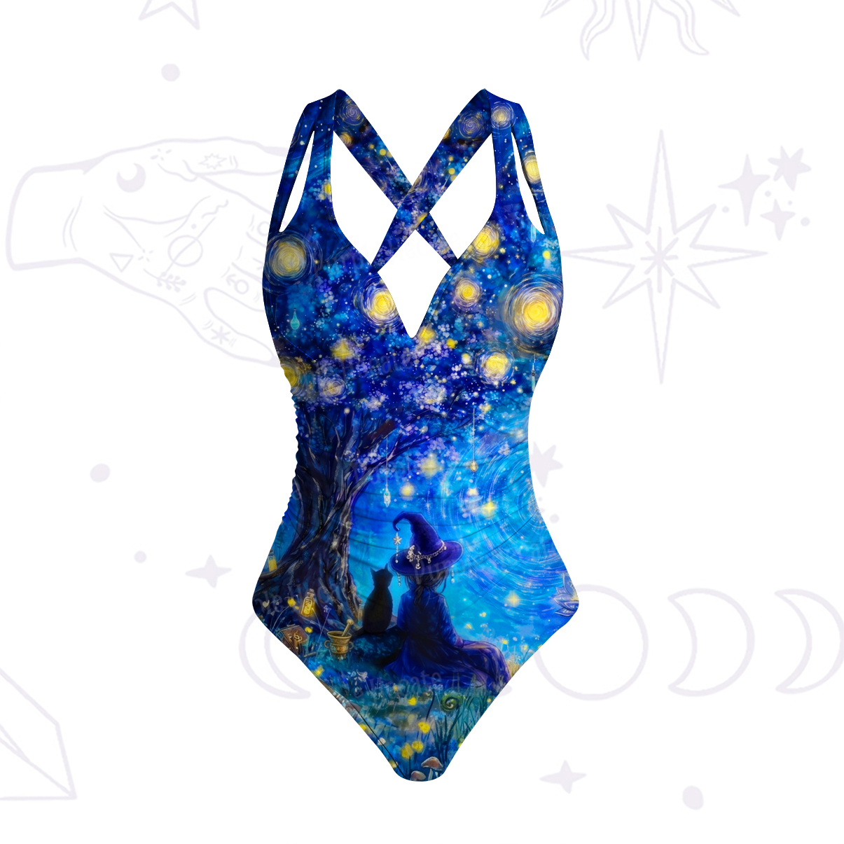 Purplehecate Moonlit Witch & Starry Cat One-Piece Swimsuit