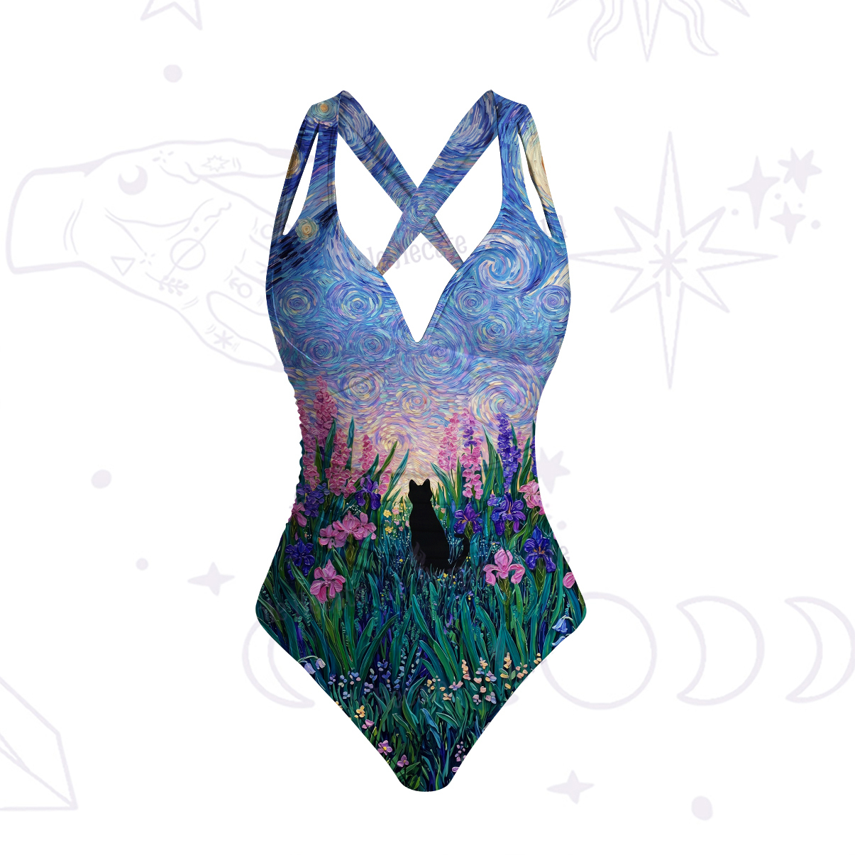 Purplehecate Starry Mystic Night Garden Cat One-Piece Swimsuit