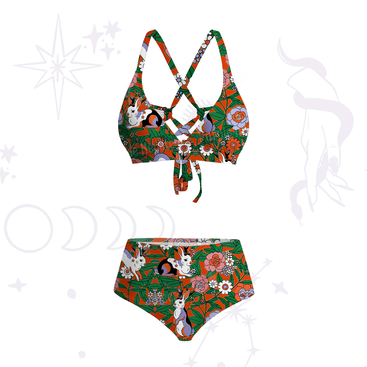 Purplehecate Mystic Blossom Bunny Garden Crisscross Tie-Back Bikini Set