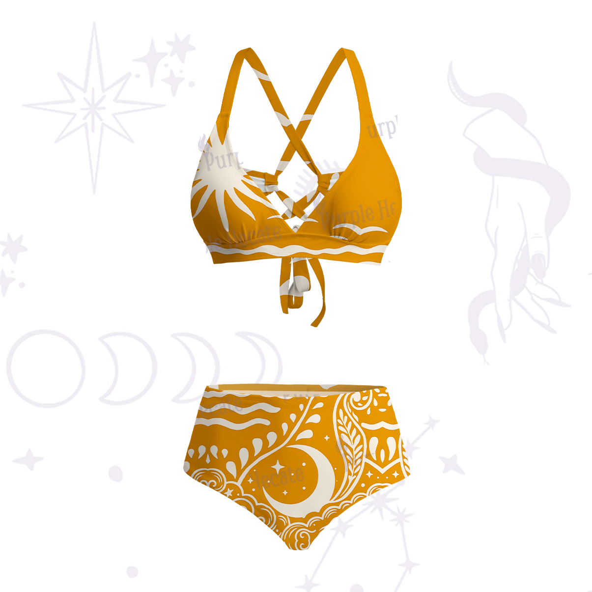 Purplehecate Celestial Sun Moon Waves Crisscross Tie-Back Bikini Set