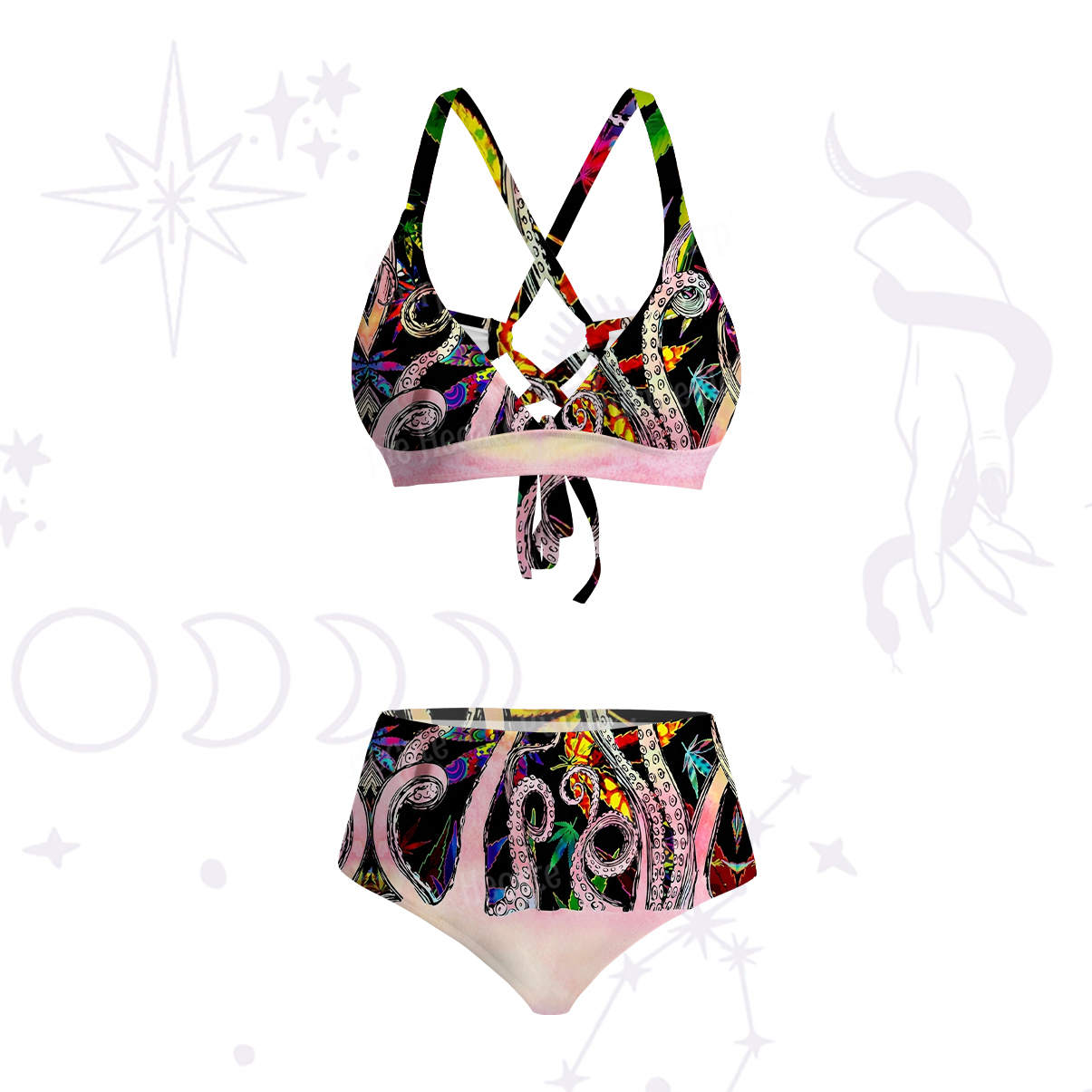 Purplehecate Ombre Octopus Glitter Tentacles Crisscross Tie-Back Bikini Set