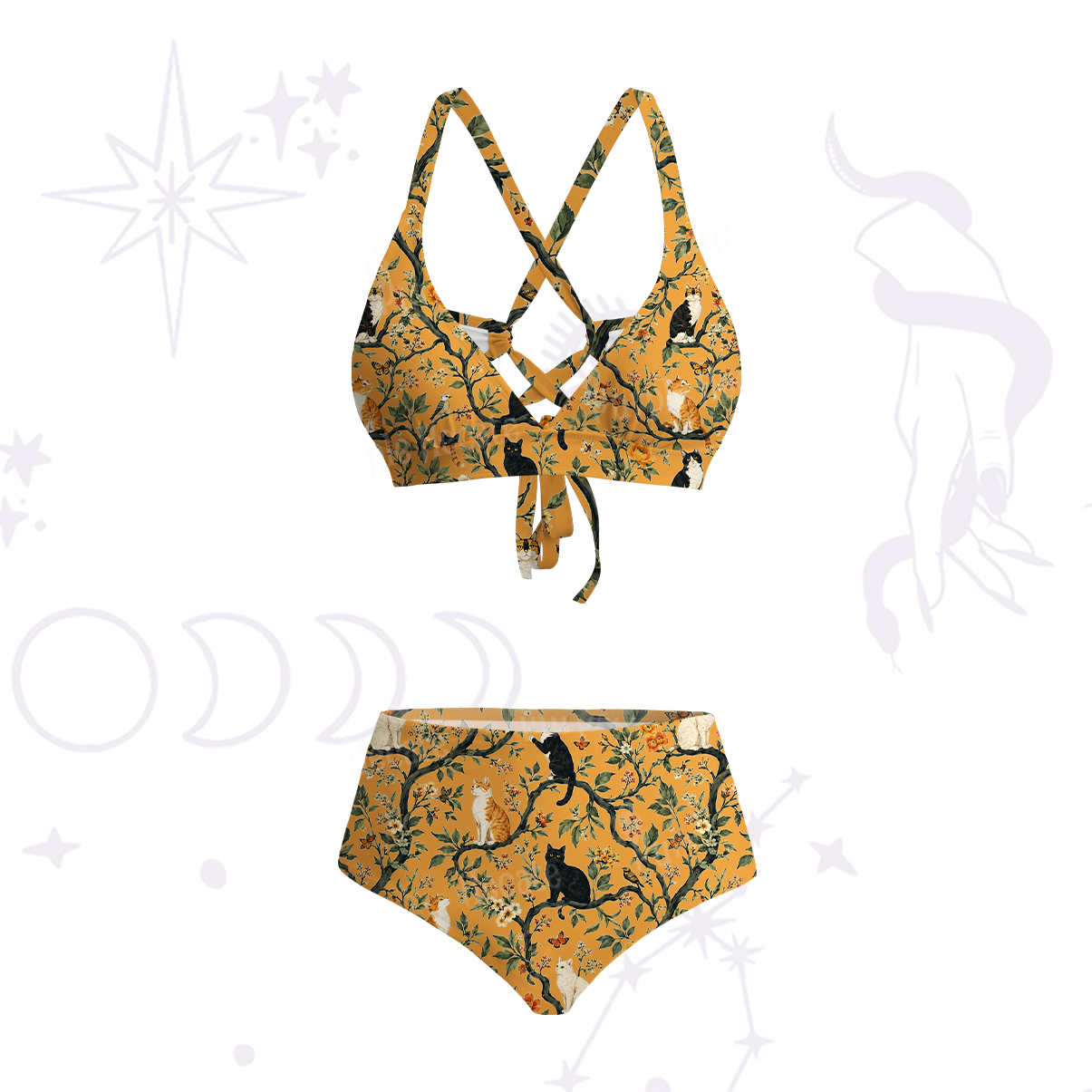 Purplehecate Enchanted Cat Grove Crisscross Tie-Back Bikini Set