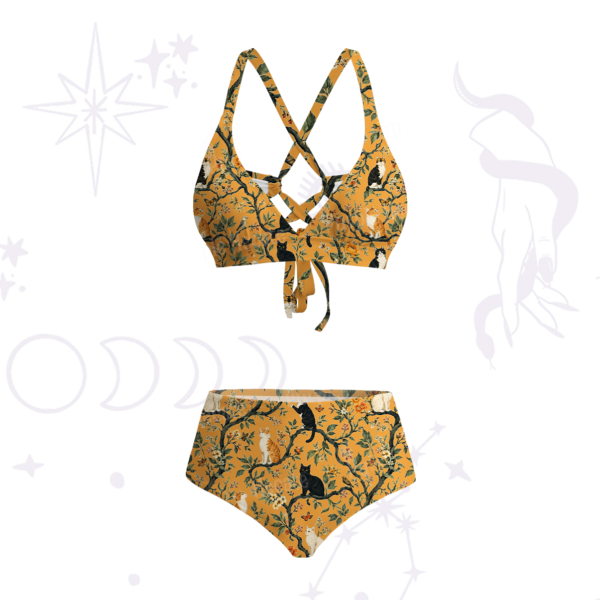 Purplehecate Enchanted Cat Grove Crisscross Tie-Back Bikini Set