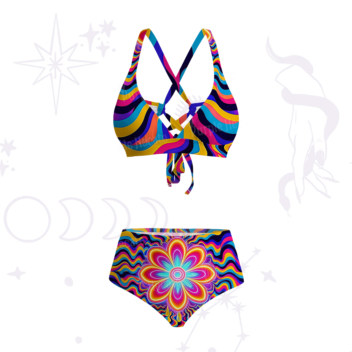 Purplehecate Psychedelic Bloom Crisscross Tie-Back Bikini Set