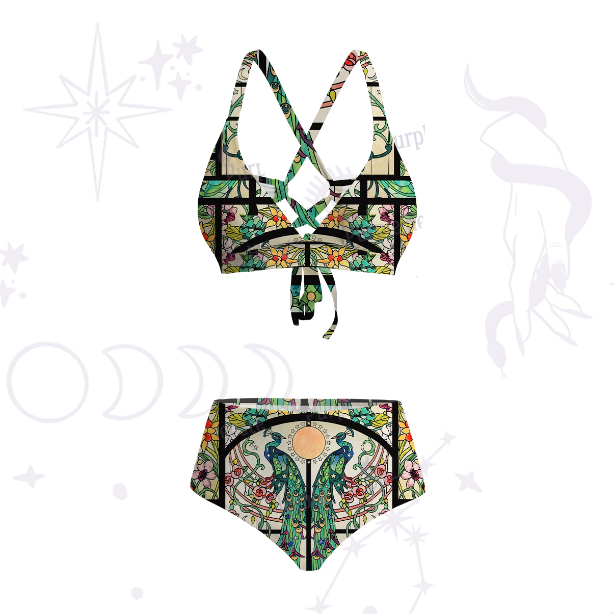 Purplehecate Mystic Peacock Stained Glass Crisscross Tie-Back Bikini Set