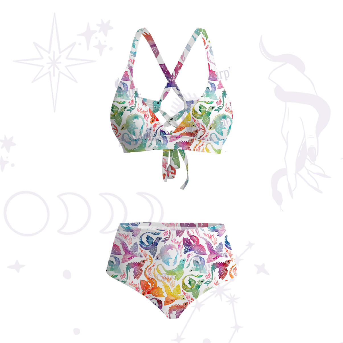 Purplehecate Rainbow Dragon Fire Crisscross Tie-Back Bikini Set