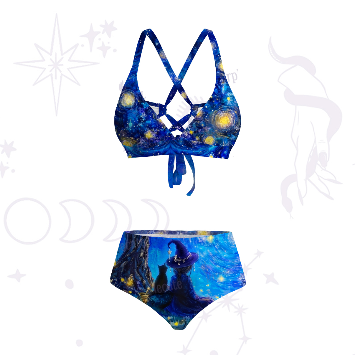 Purplehecate Moonlit Witch & Starry Cat Crisscross Tie-Back Bikini Set