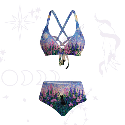Purplehecate Starry Mystic Night Garden Cat Crisscross Tie-Back Bikini Set