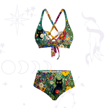Purplehecate Fluffy Black Cat in Colorful Flower Field Crisscross Tie-Back Bikini Set