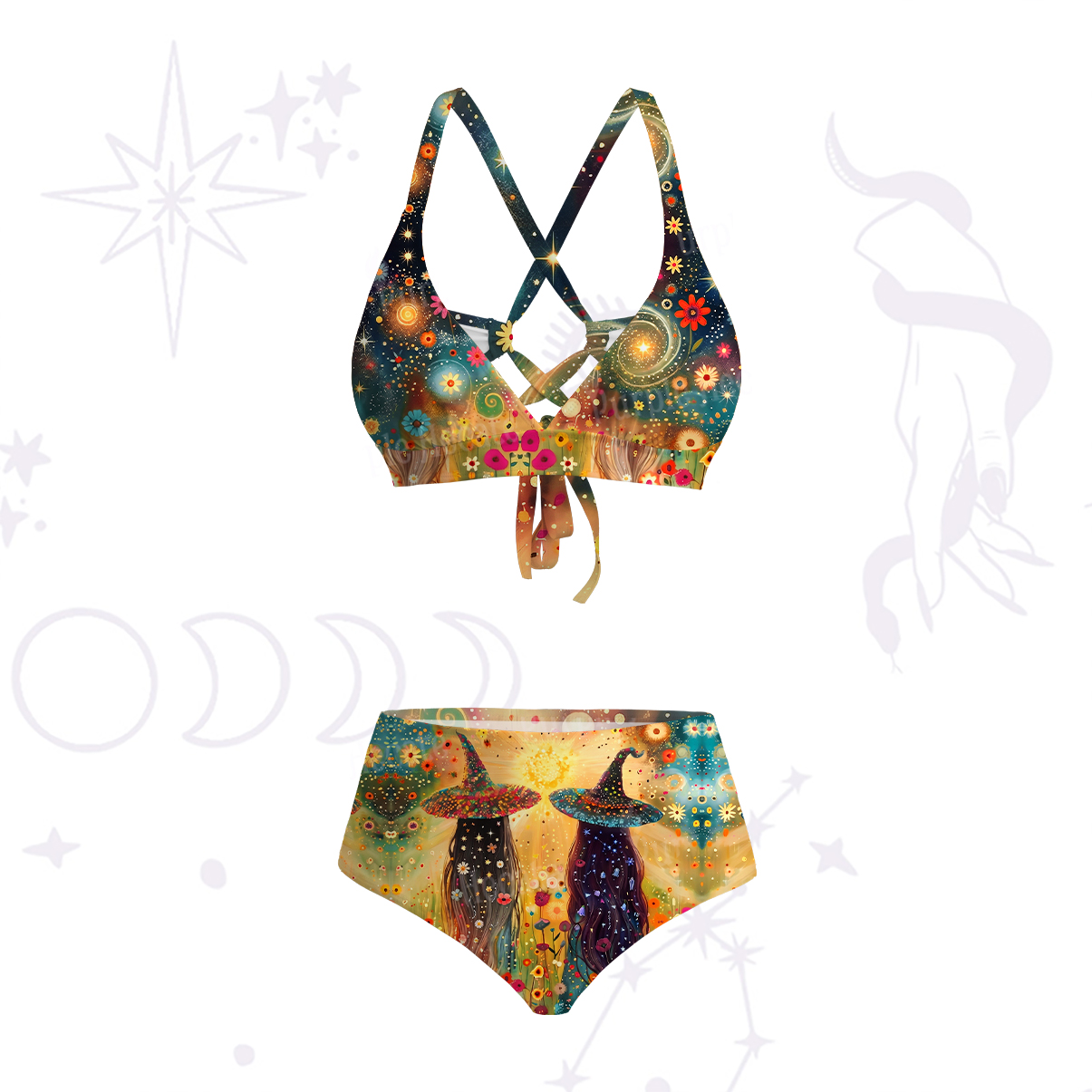 Purplehecate Starlit Flower Field Twin Witches Crisscross Tie-Back Bikini Set