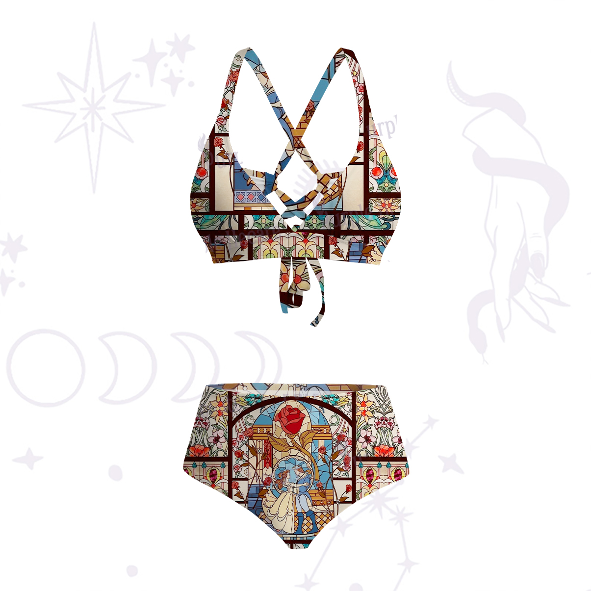 Purplehecate Stained Glass Rose Romance Crisscross Tie-Back Bikini Set