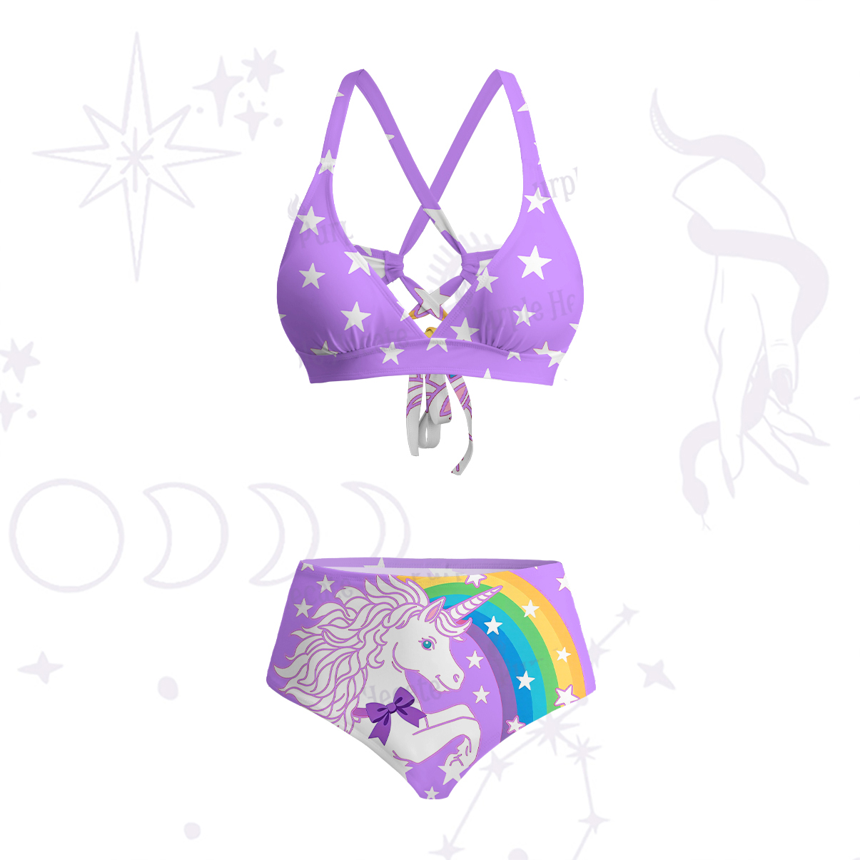 Purplehecate Dreamy Rainbow Unicorn Crisscross Tie-Back Bikini Set