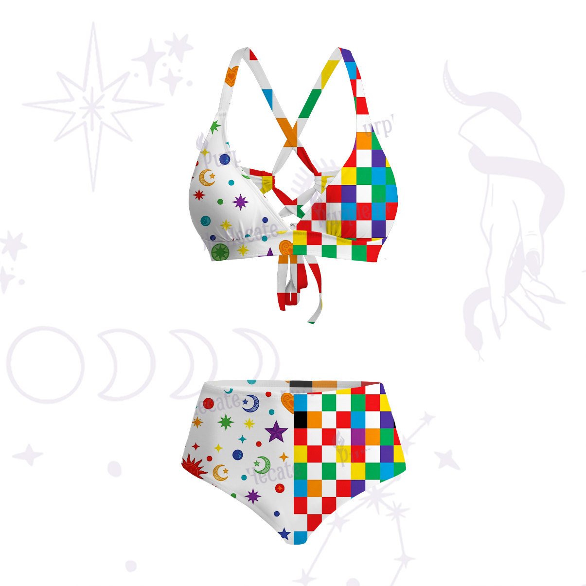 Purplehecate Celestial Rainbow Blocks Crisscross Tie-Back Bikini Set