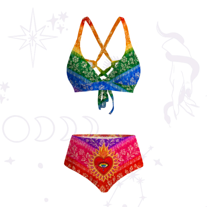 Purplehecate Rainbow Striped Sacred Heart Crisscross Tie-Back Bikini Set