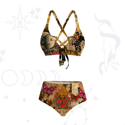 Purplehecate Vintage Celestial Witch Moon Collage Crisscross Tie-Back Bikini Set