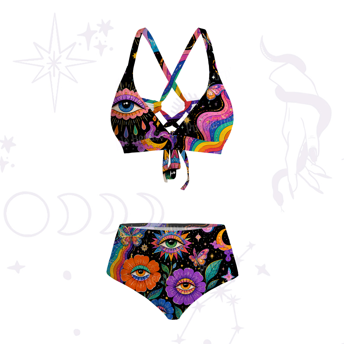 Purplehecate Groovy Hippie Flower Eyes Crisscross Tie-Back Bikini Set