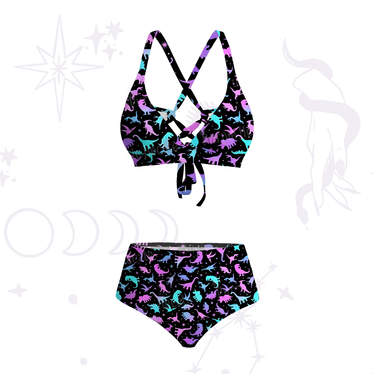 Purplehecate Neon Dino Dream Crisscross Tie-Back Bikini Set