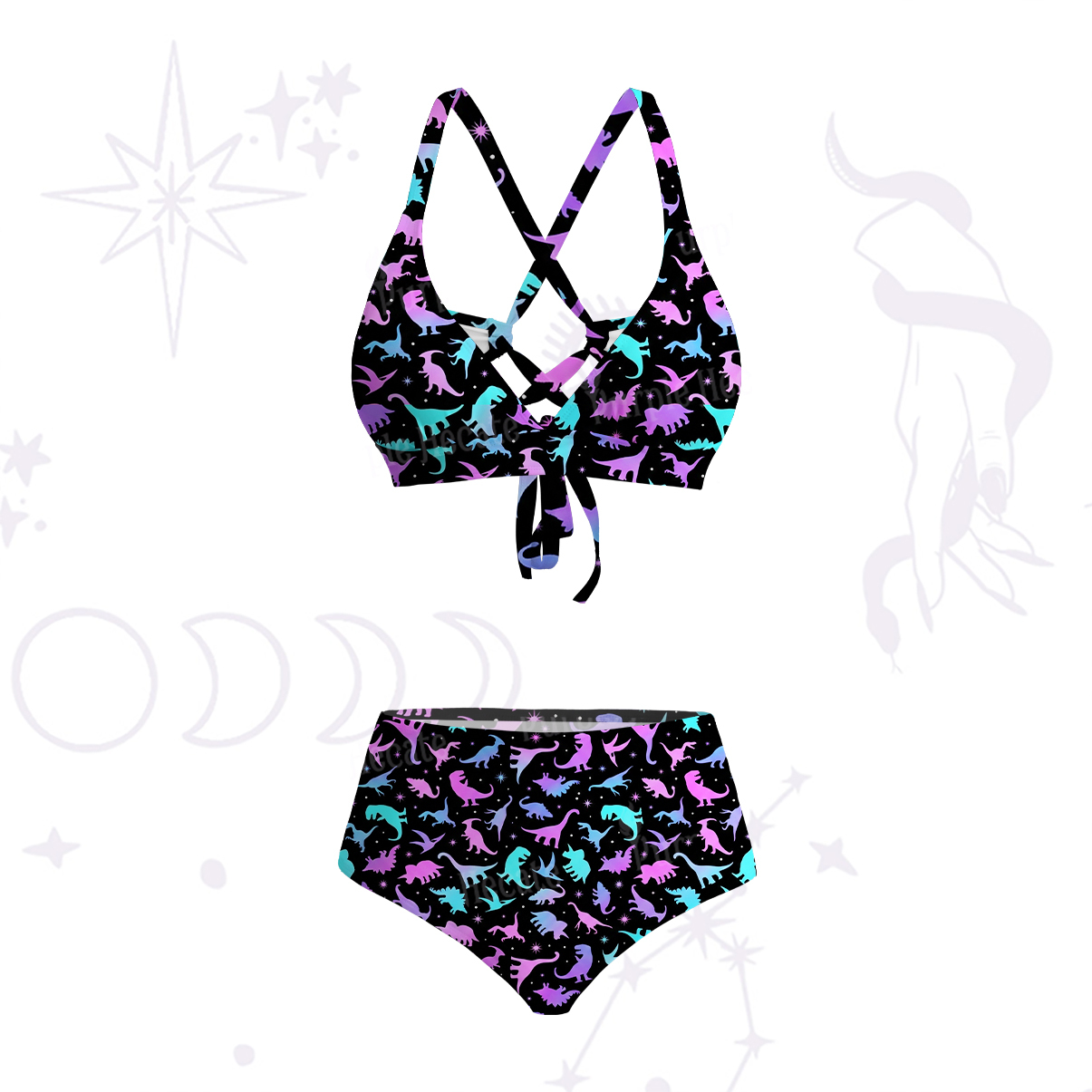 Purplehecate Neon Dino Dream Crisscross Tie-Back Bikini Set