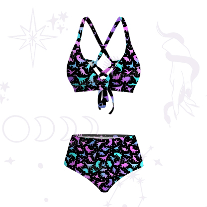 Purplehecate Neon Dino Dream Crisscross Tie-Back Bikini Set
