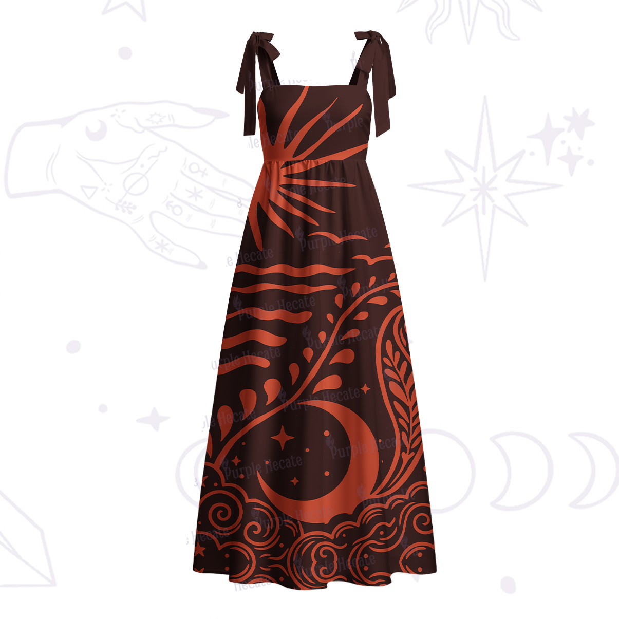 Purplehecate Celestial Sun Moon Waves Tie Shoulder Maxi Dress