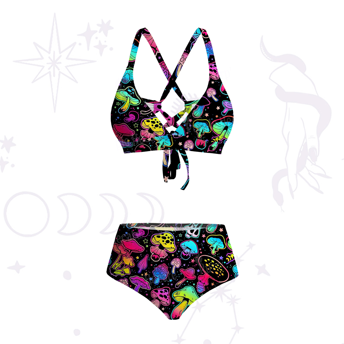 Purplehecate Psychedelic Mushroom Rave Crisscross Tie-Back Bikini Set