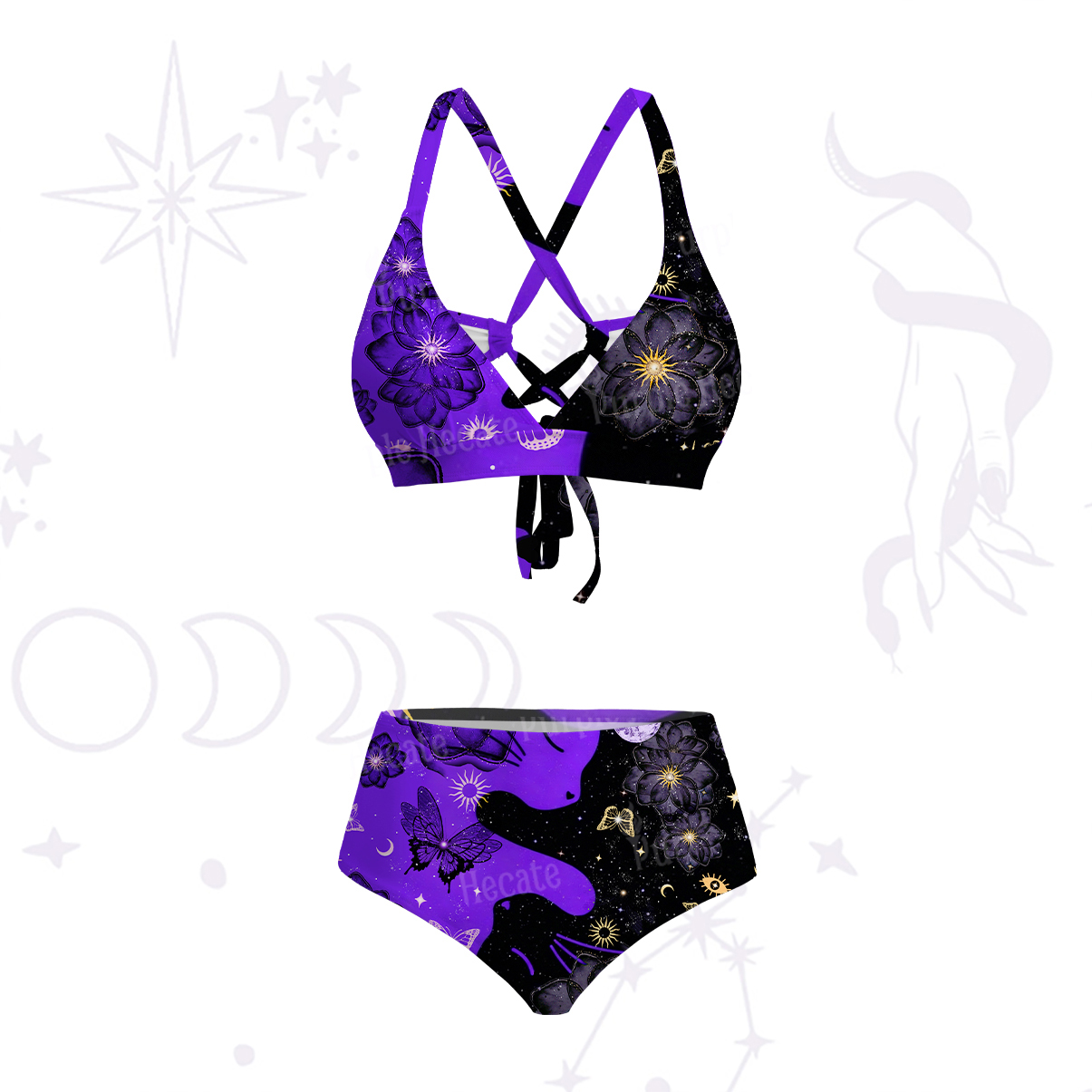 Purplehecate Starlit Cats & Butterflies Crisscross Tie-Back Bikini Set