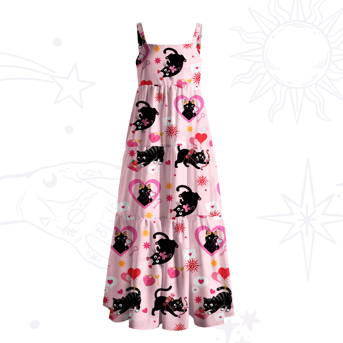 Purplehecate Pink Magic Black Cat Wide Straps Maxi Dress