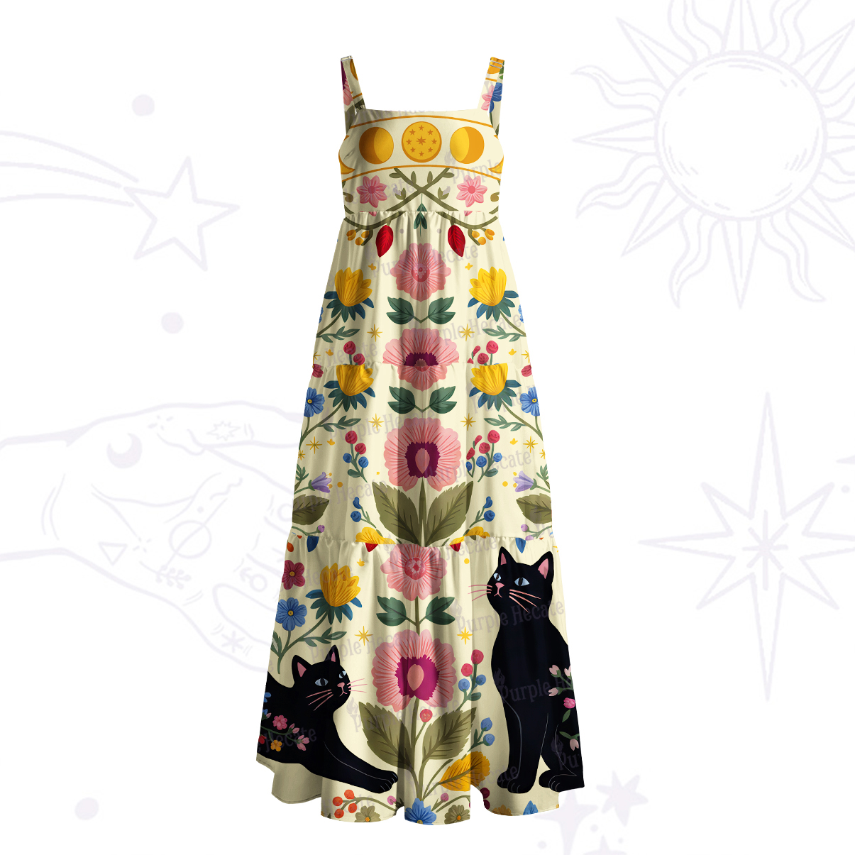 Purplehecate Moonlit Magic Garden Black Cat Wide Straps Maxi Dress