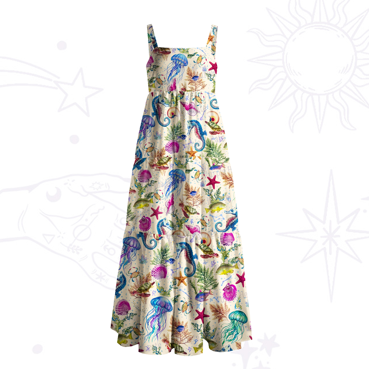 Purplehecate Seahorse & Jellyfish Paradise Wide Straps Maxi Dress