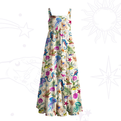 Purplehecate Seahorse & Jellyfish Paradise Wide Straps Maxi Dress