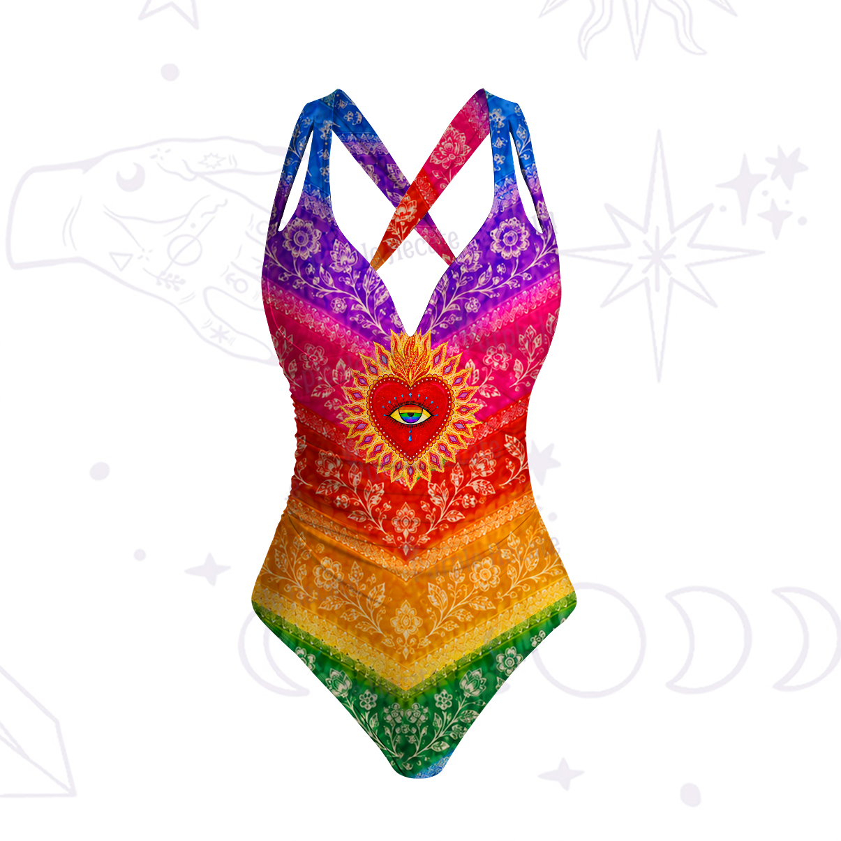 Purplehecate Rainbow Striped Sacred Heart One-Piece Swimsuit