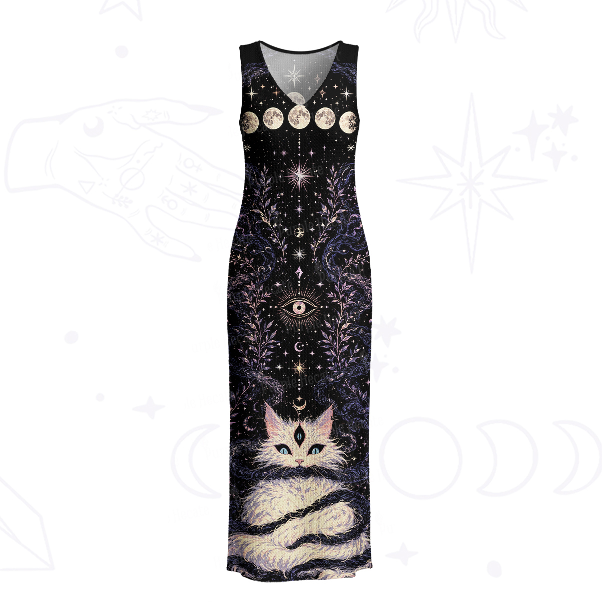 Purplehecate Moon Phase Oracle Cat Crochet Knit Maxi Dress