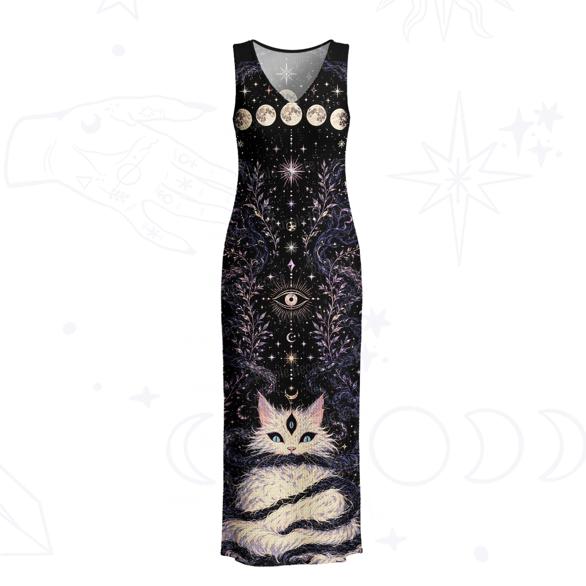 Purplehecate Moon Phase Oracle Cat Crochet Knit Maxi Dress