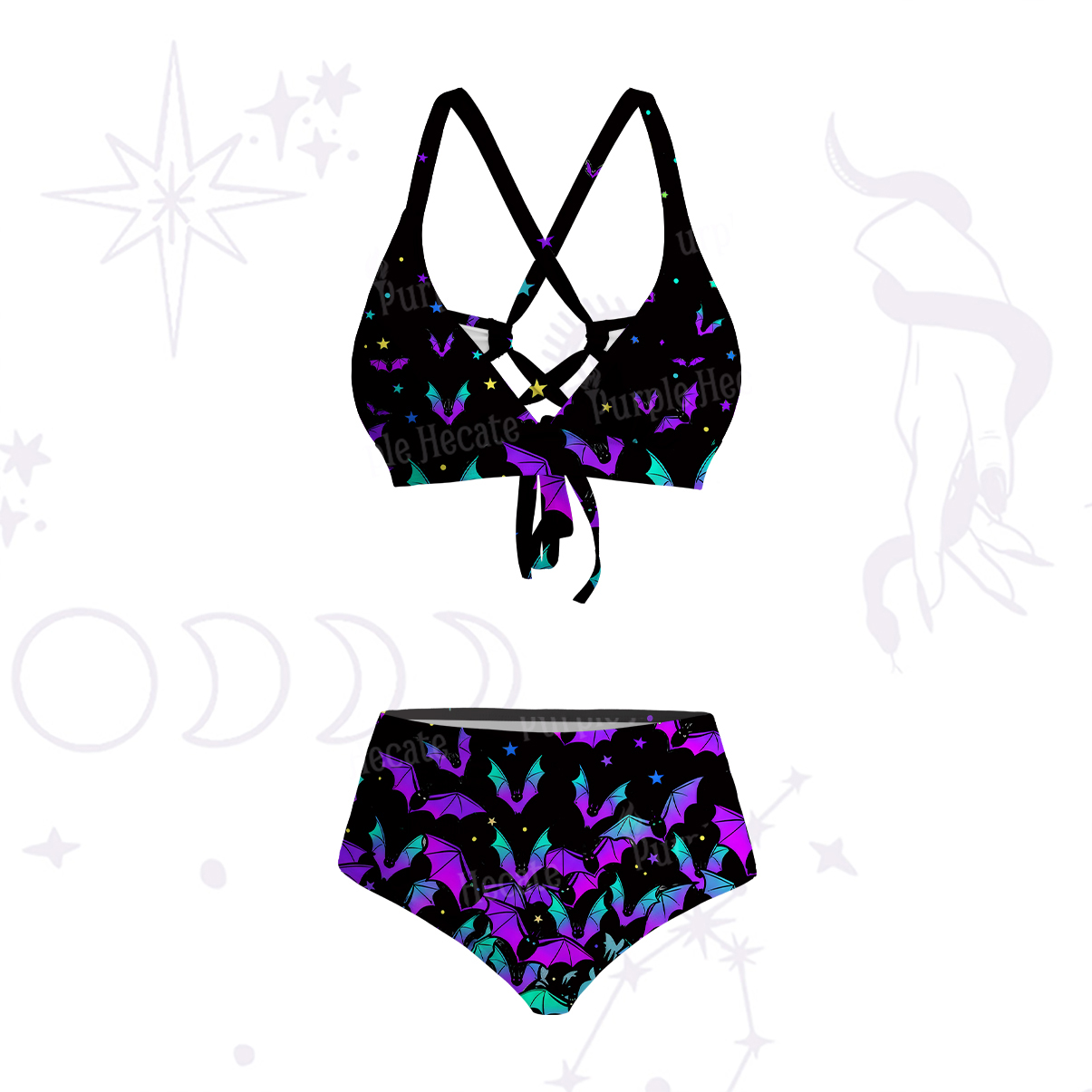 Purplehecate Rainbow Bat Crisscross Tie-Back Bikini Set