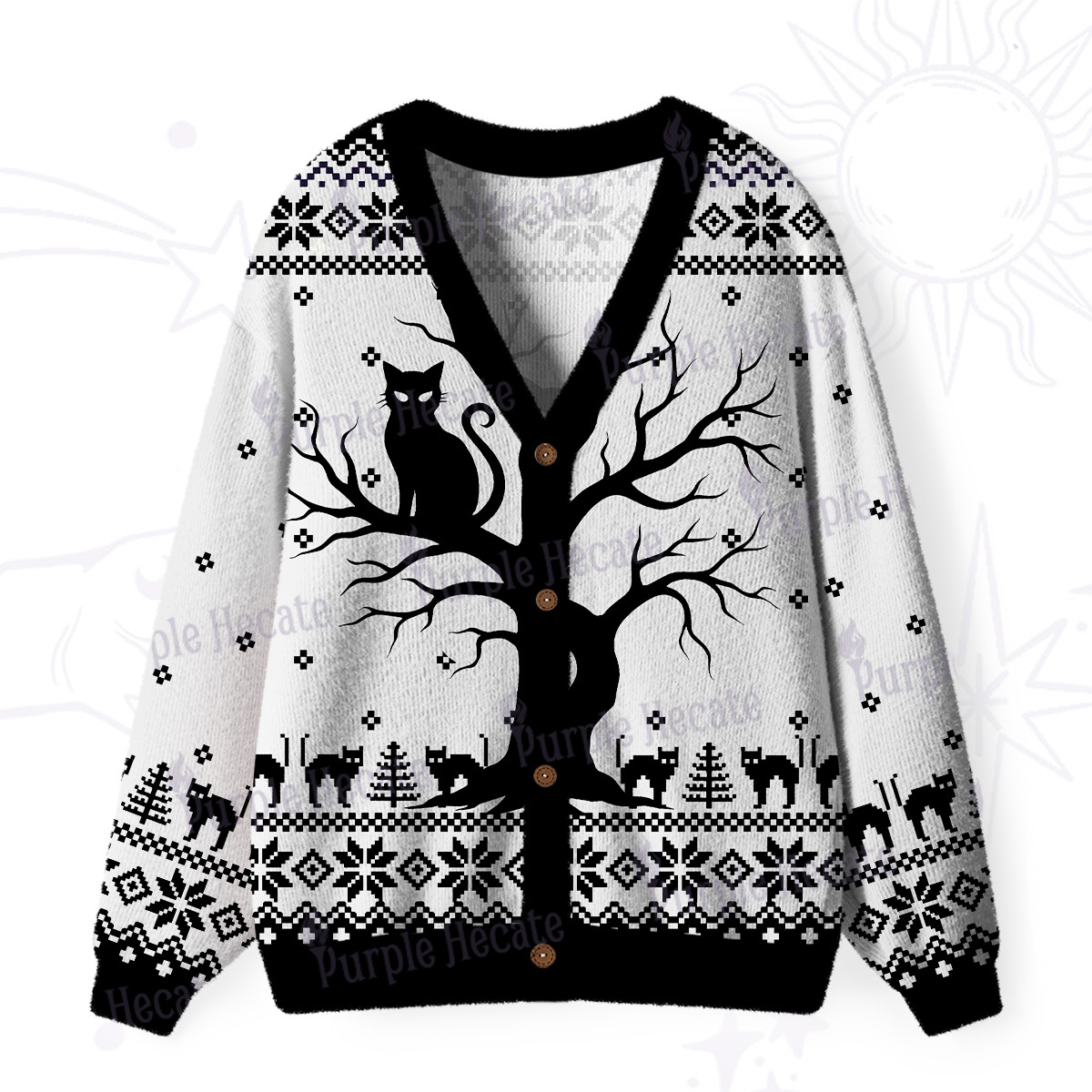 Purplehecate Moonlit Tree Guardian Black Cat Ugly Cardigan Sweaters