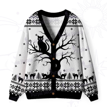 Purplehecate Moonlit Tree Guardian Black Cat Ugly Cardigan Sweaters
